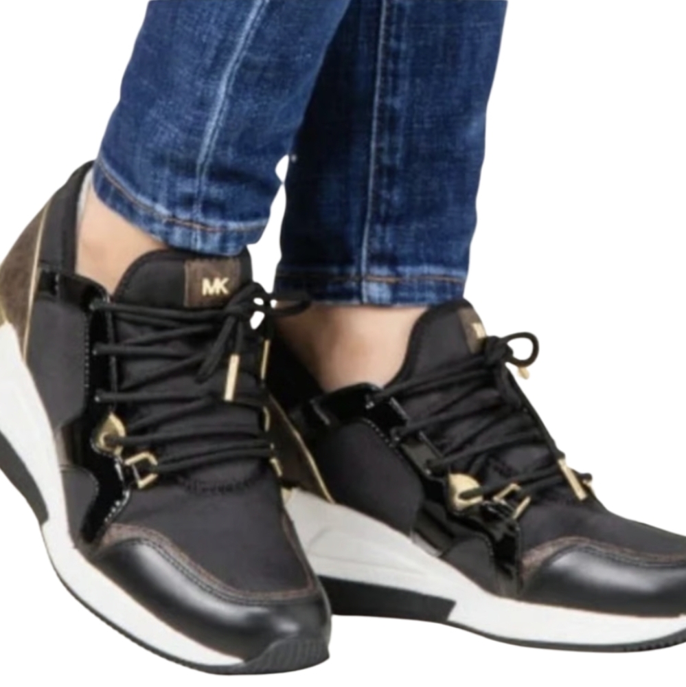 Michael KORS LIV ICONIC BLACK BROWN MK GOLD LOGO WEDGE SNEAKERS